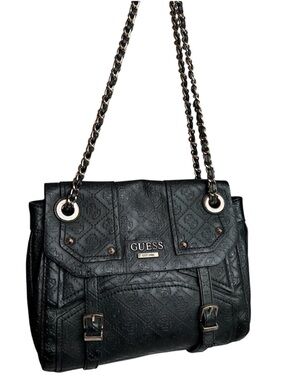 Guess Black Logo Shoulder Bag Chain Strap Buckle Detail Handbag